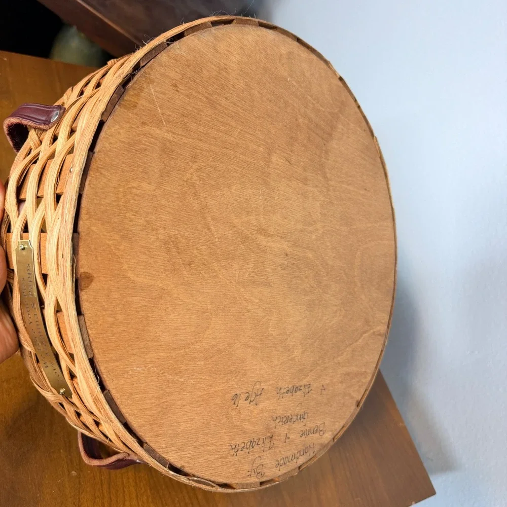 Handmade Pie Basket Large Brown Woven Wood Carrier Vintage Leather Straps